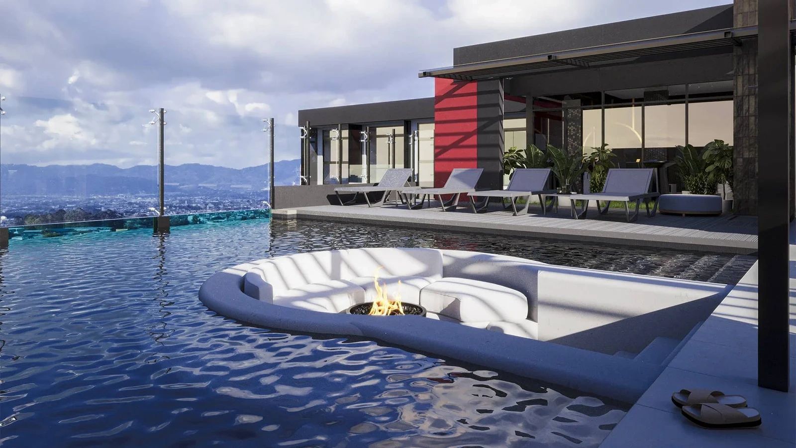 Rooftop infinity pool with a sunken fire-pit lounge